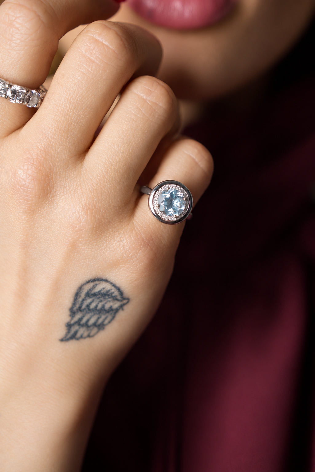 Anel Halo Azure — Topázio & Moissanite | Pinky Ring
